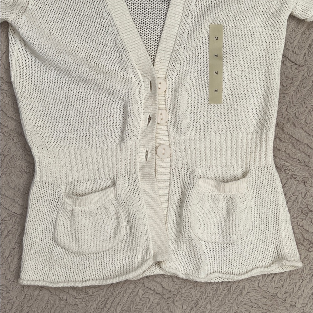 White Short Sleeve Cardigan cotton linen blend Size Medium, New - Picture 10 of 16